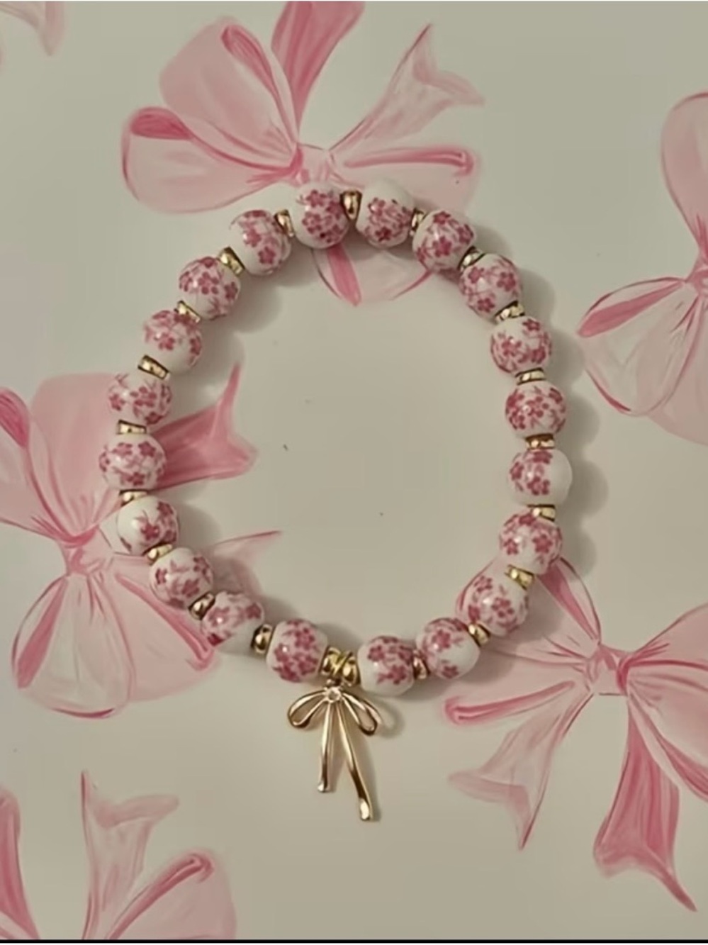 Delicate Pink Floral Bead Bracelet with Gold Bow Charm - Picture 3 of 4
